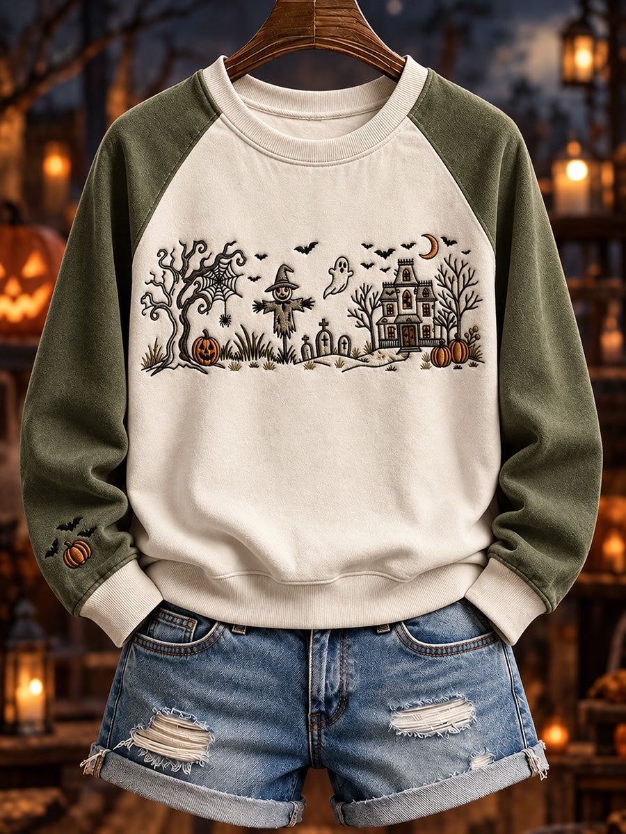 Women's Halloween Haunted Manor Vintage Line Art Print Sweatshirt