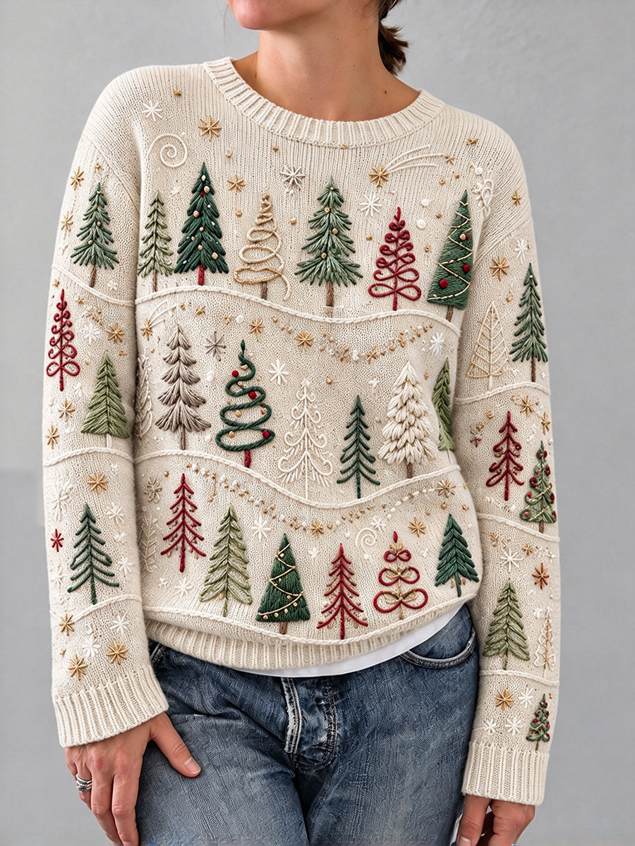Women's Vintage Christmas Trees Print Cozy Sweater