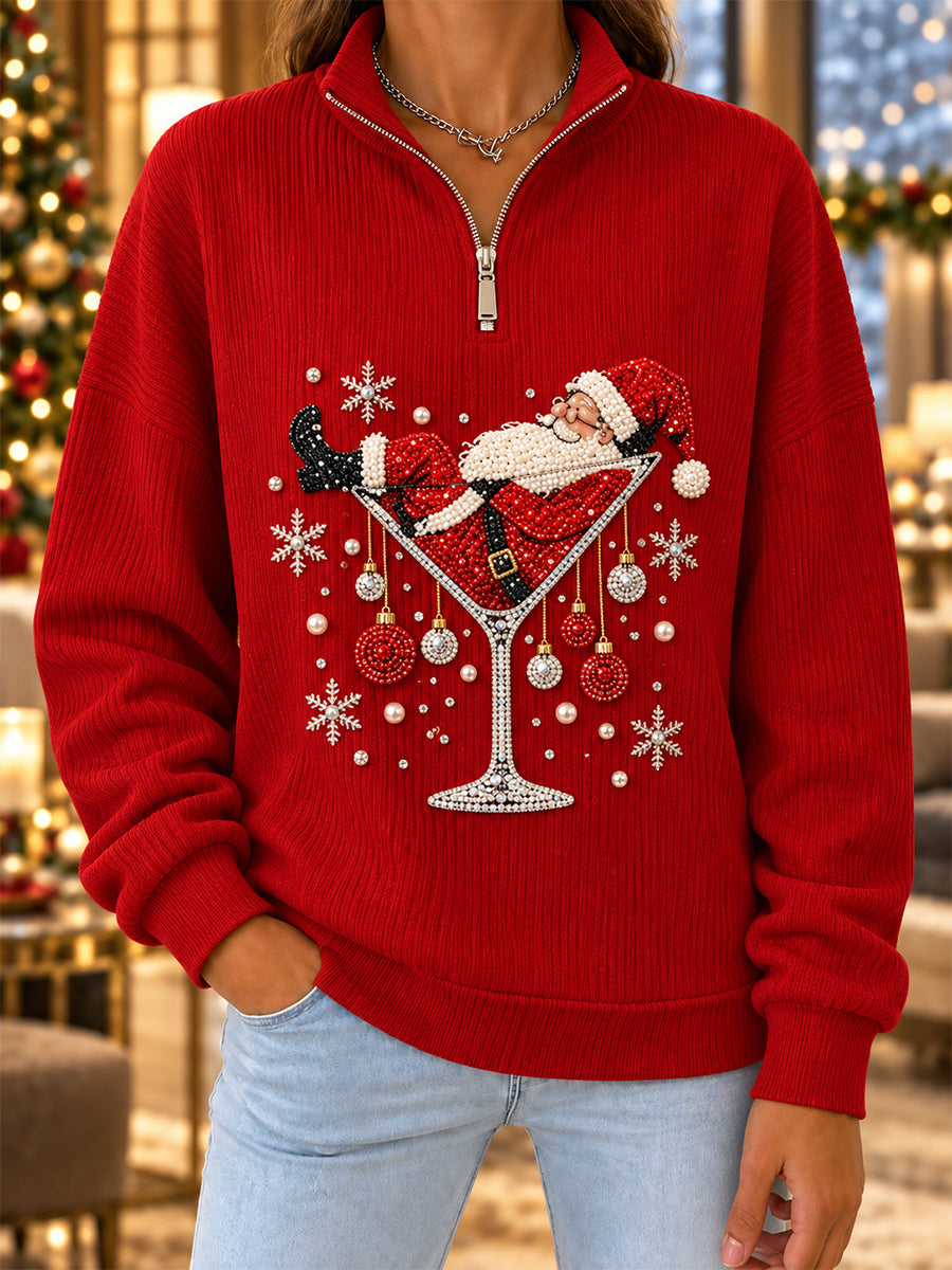 Women's Retro Christmas Cocktail Santa Claus Zipper Hoodie