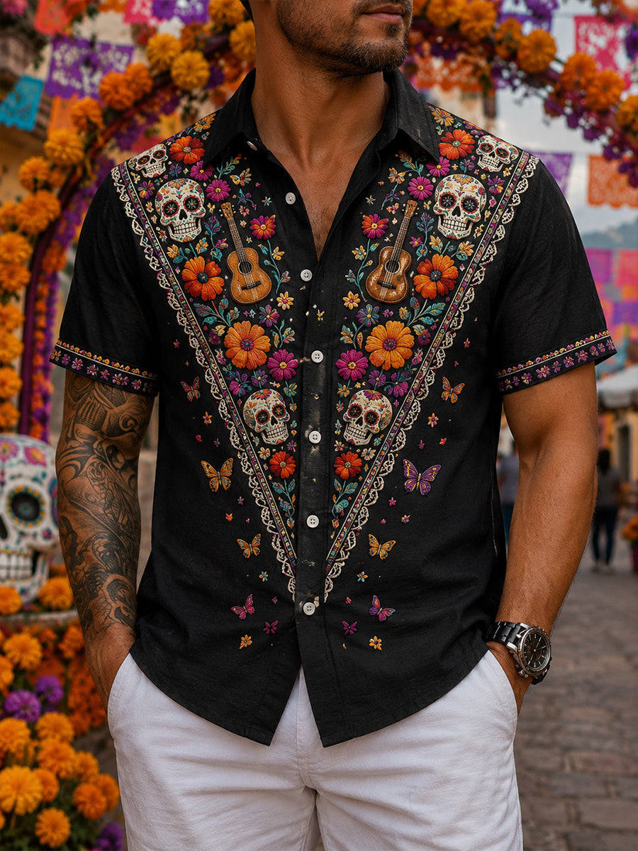 Men's Mexican Day Of The Dead Festival-Themed Art Print Shirt