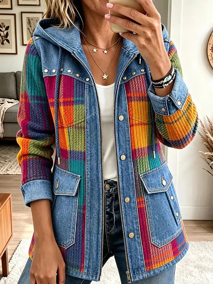 Women's Vintage Plaid Pattern Patchwork Hooded Cardigan