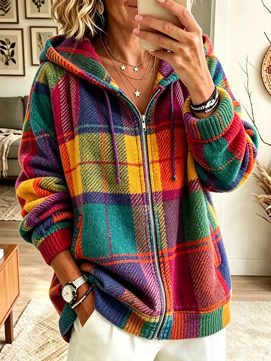 Women's Vintage Plaid Hooded Cardigan