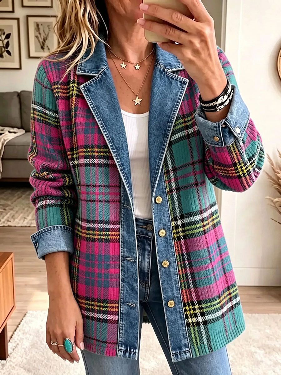 Women's Vintage Plaid Pattern Patchwork Cardigan