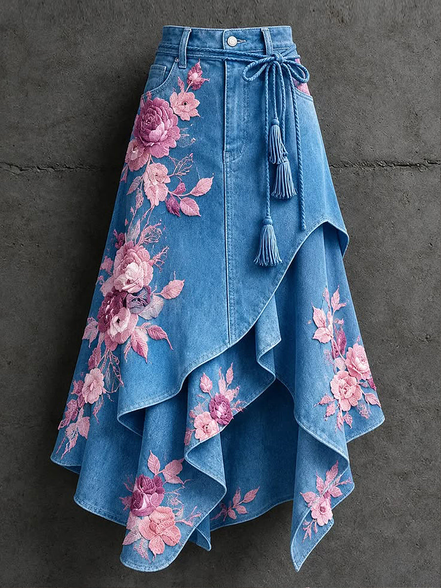 Women's Art Flowers Printed Irregular Skirt