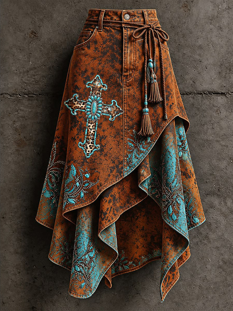 Women's Art Flowers Printed Irregular Skirt