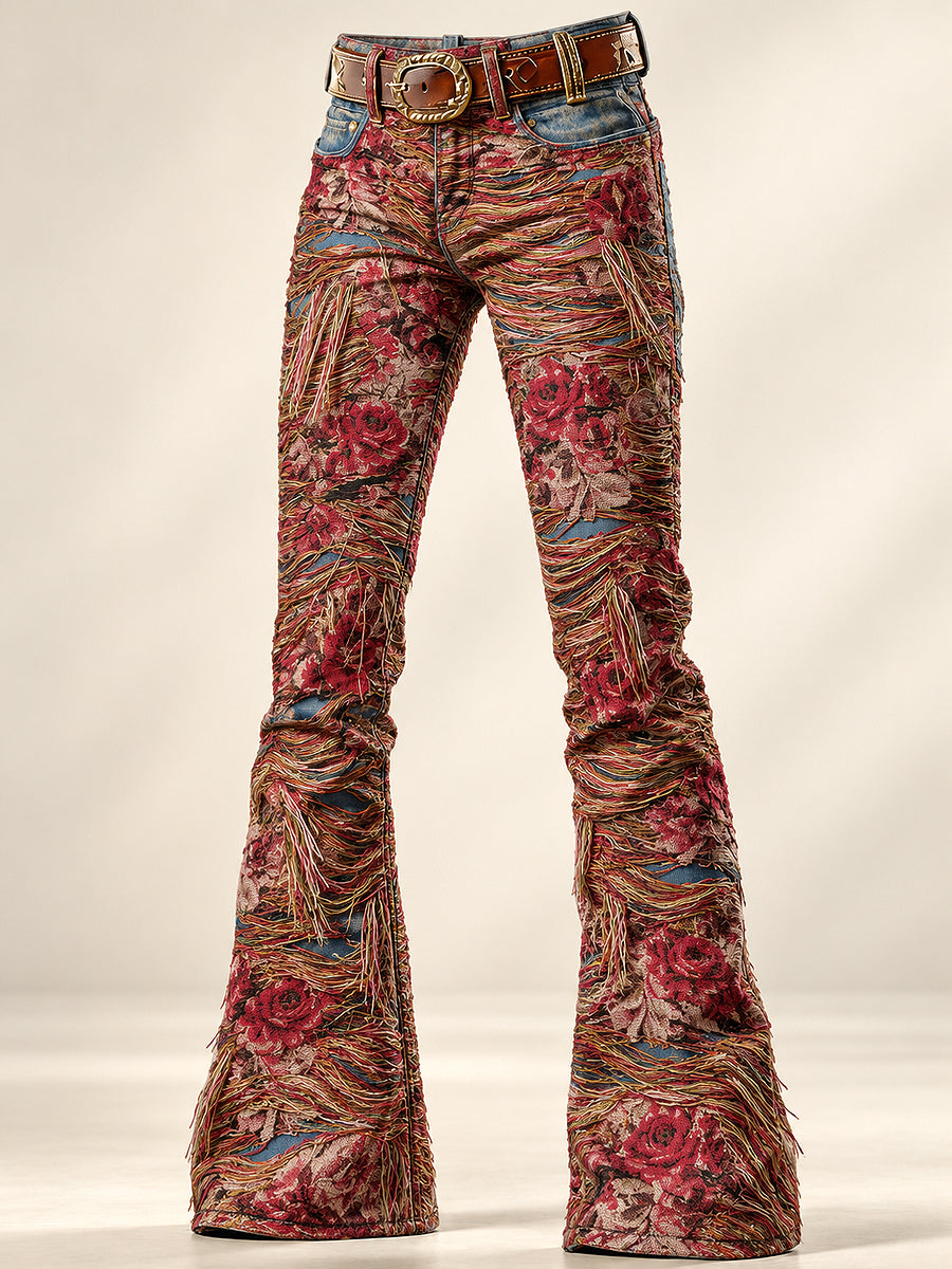 Women's Art Flowers Print Flared Trousers