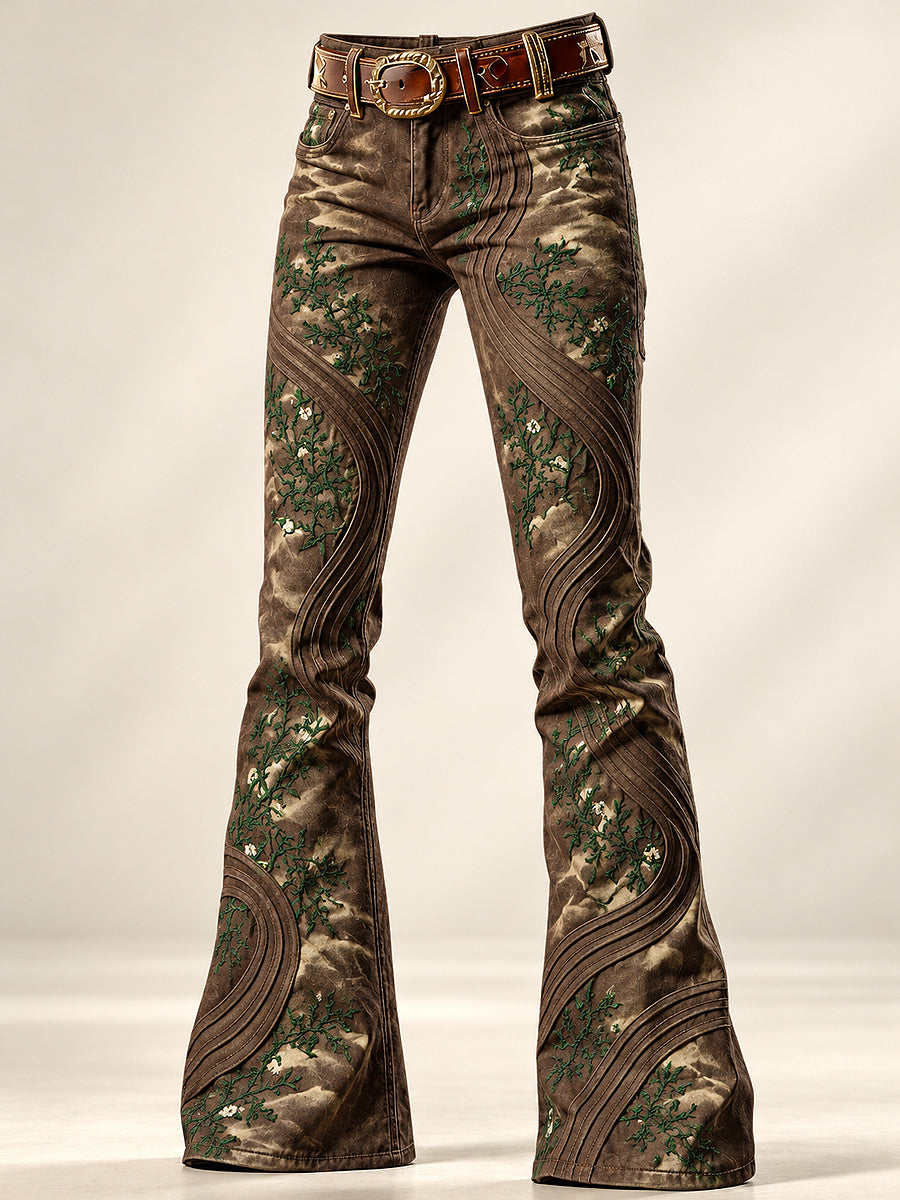 Women's Art Flowers Print Flared Trousers