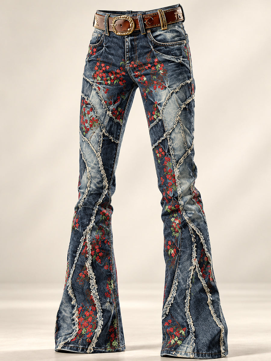 Women's Art Flowers Print Flared Trousers