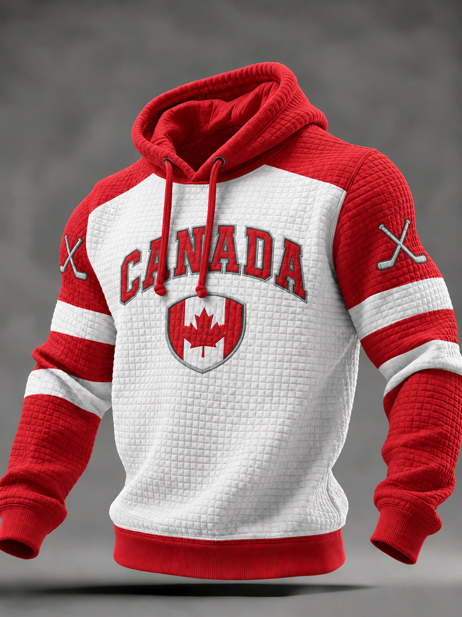 Men's Canadian Ice Hockey Printed Waffle Long Sleeved Hooded Sweatshirt