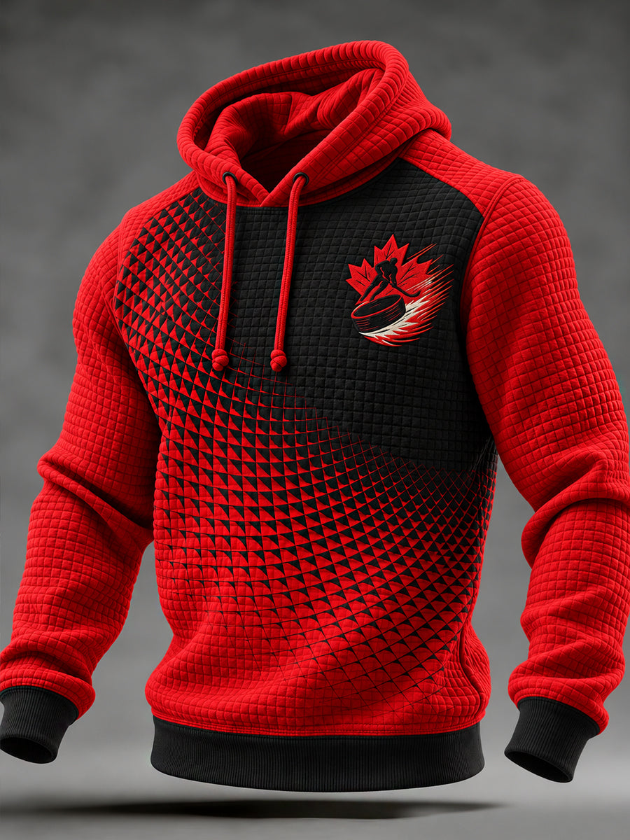 Men's Canadian Ice Hockey Printed Waffle Long Sleeved Hooded Sweatshirt
