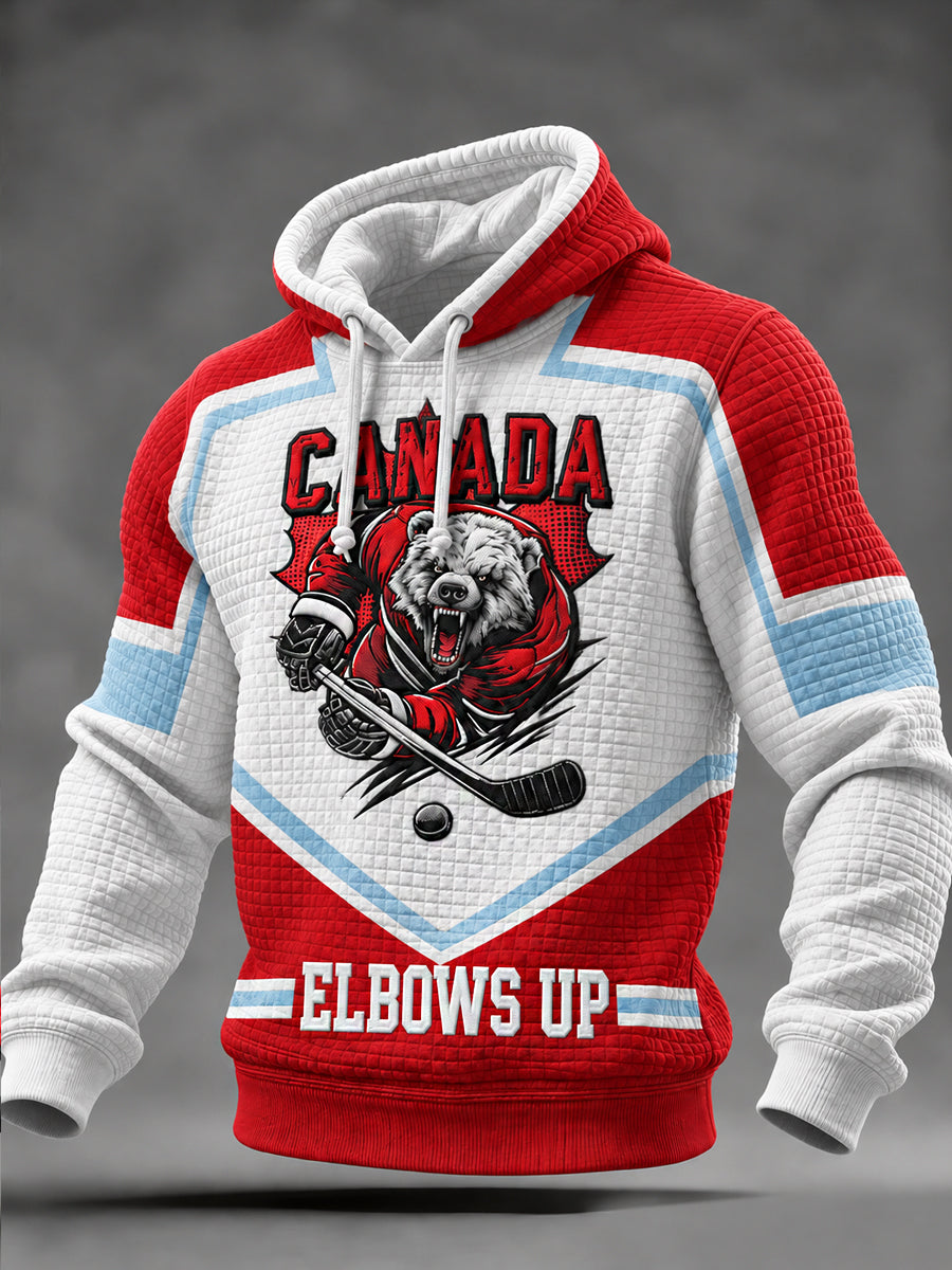 Men's Canadian Ice Hockey Printed Waffle Long Sleeved Hooded Sweatshirt