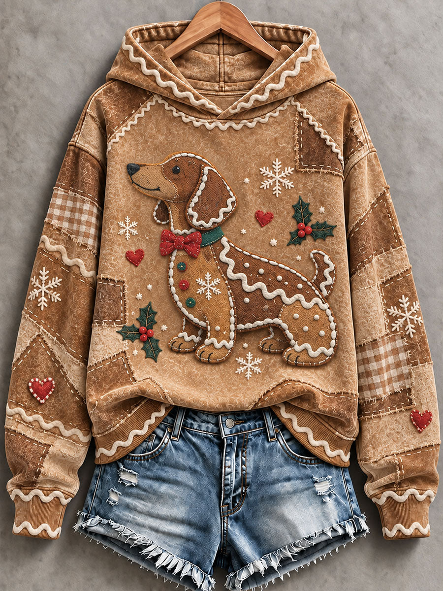 Women's Christmas Gingerbread Dog Dachshund Print Casual Hoodie