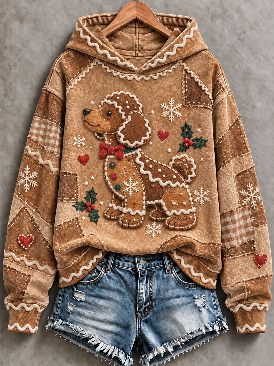 Women's Christmas Gingerbread Dog Poodle Print Casual Hoodie