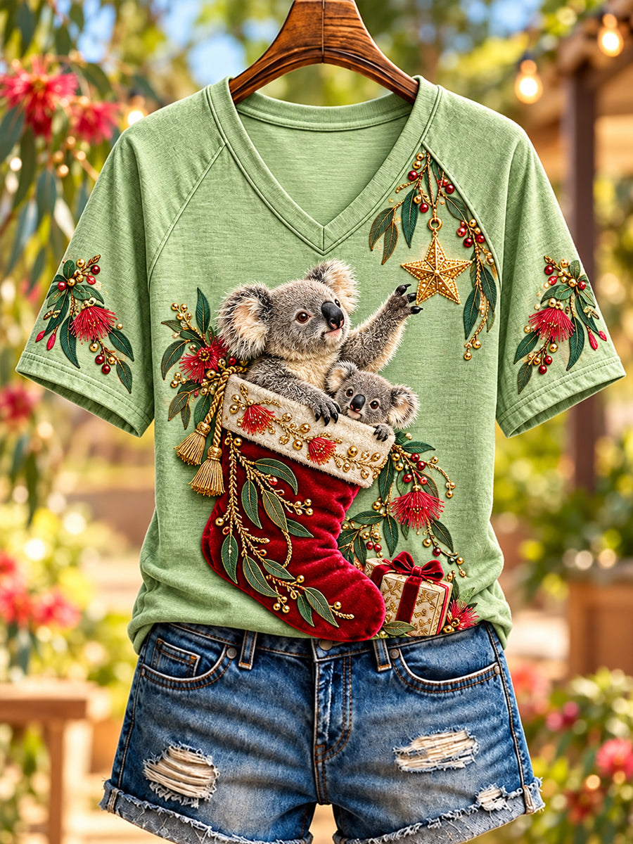 Women's Christmas In Australia V-Neck Short Sleeve T-Shirt
