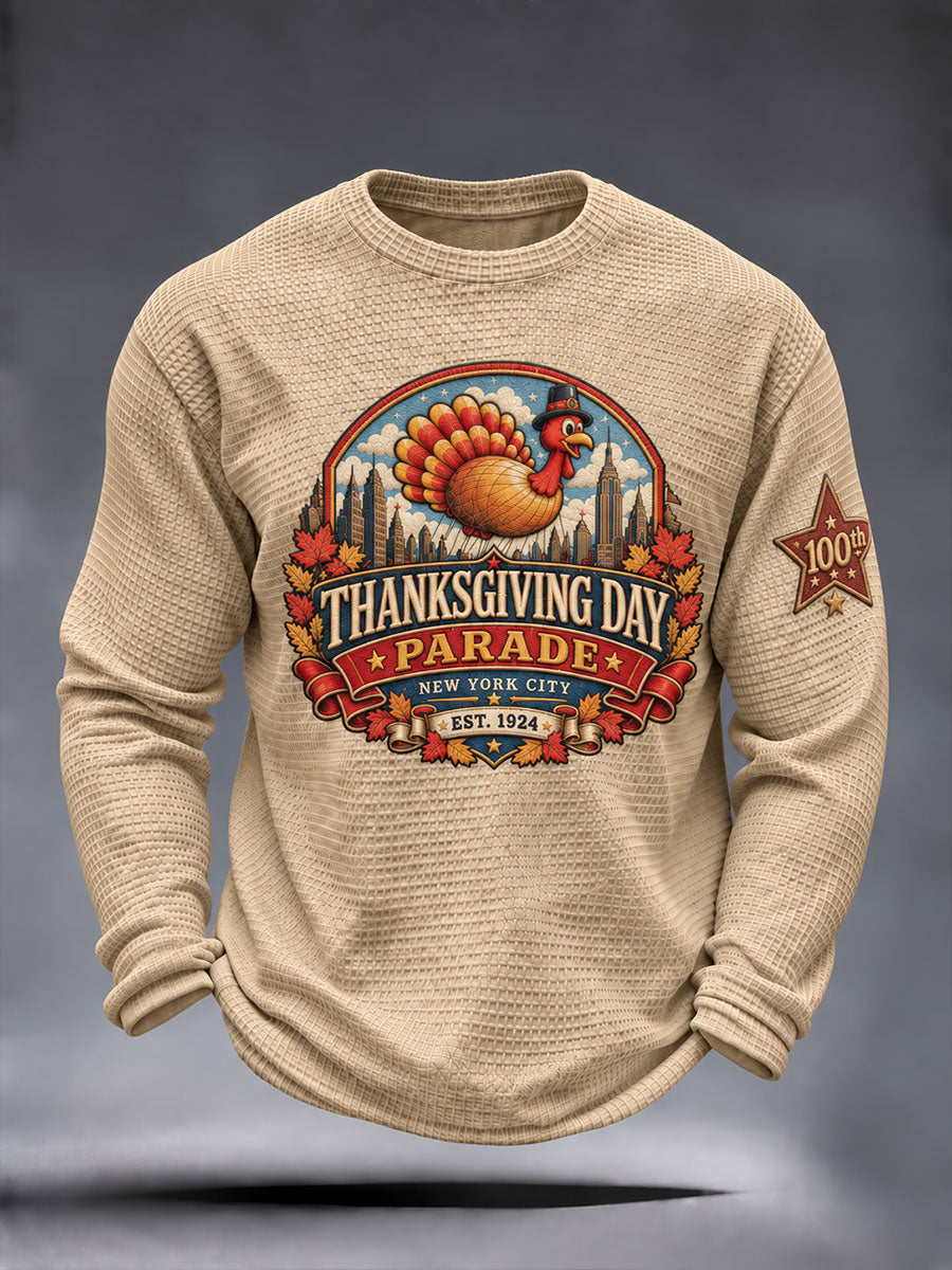 Men's Thanksgiving Parade Commemorative Print Casual Waffle Long Sleeve T-Shirt