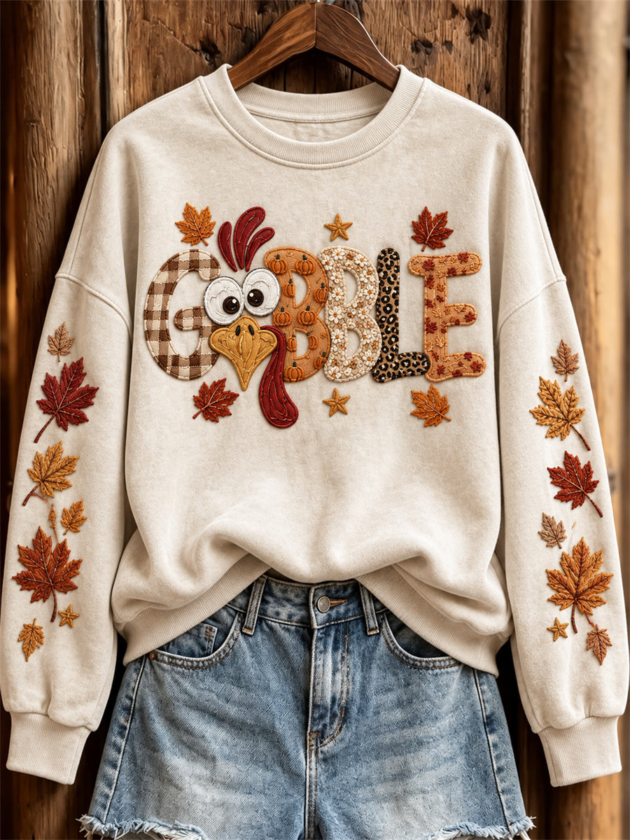Women's Vintage Fall Thanksgiving Gobble Turkey Print Sweatshirt