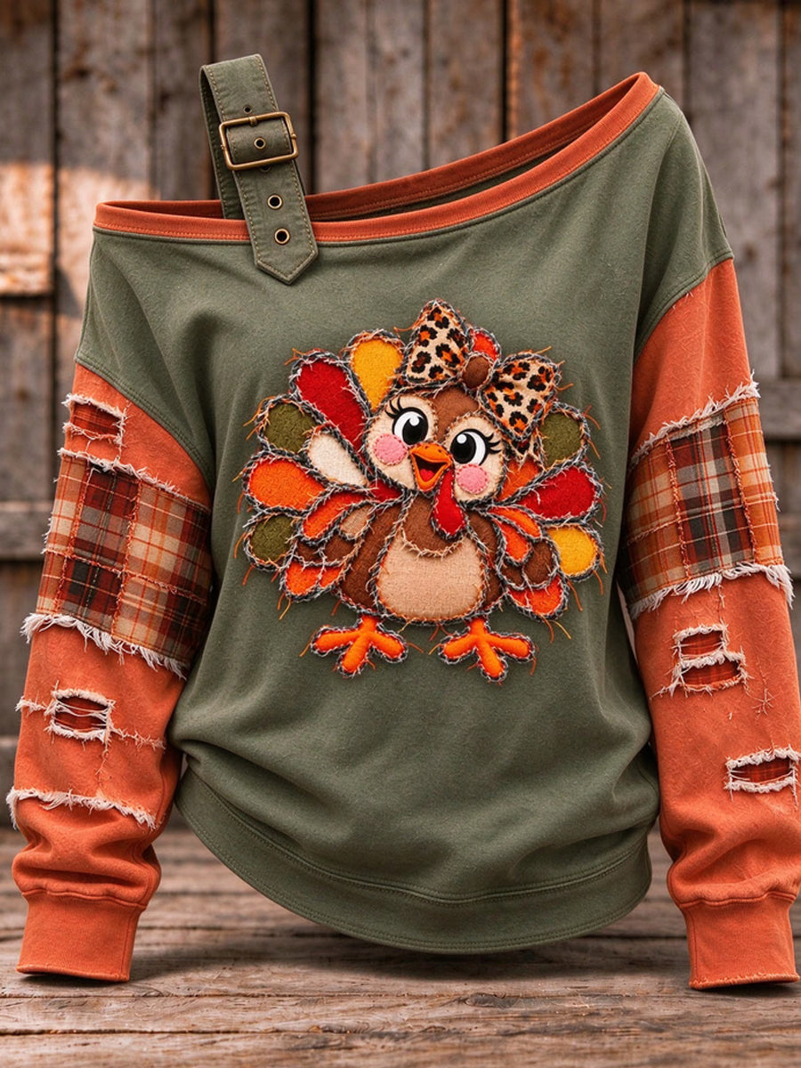 Women's Cute Thanksgiving Turkey Face Art Casual Off-Shoulder Sweatshirt