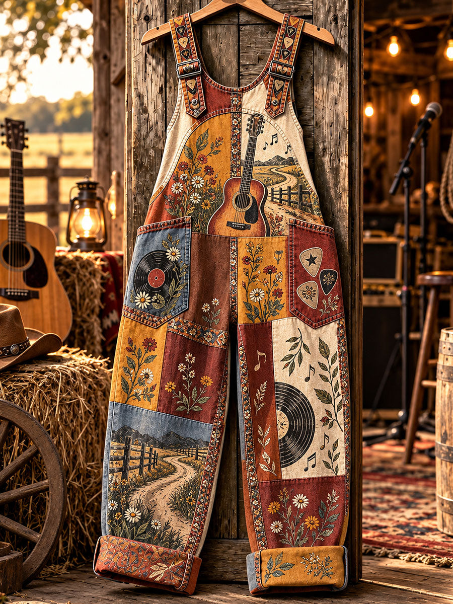 Women's Country Music Print Denim One-piece Pants