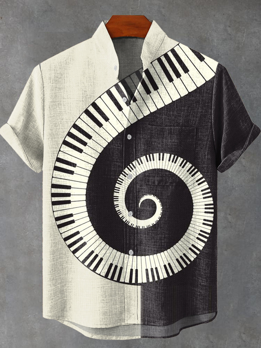 Black and White Music Keyboard Art Vintage Print Casual 100% Cotton Shirt