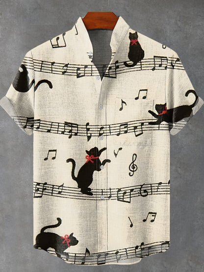Vintage Musical notes Sheet music Black cat Print Casual 100% Cotton Shirt