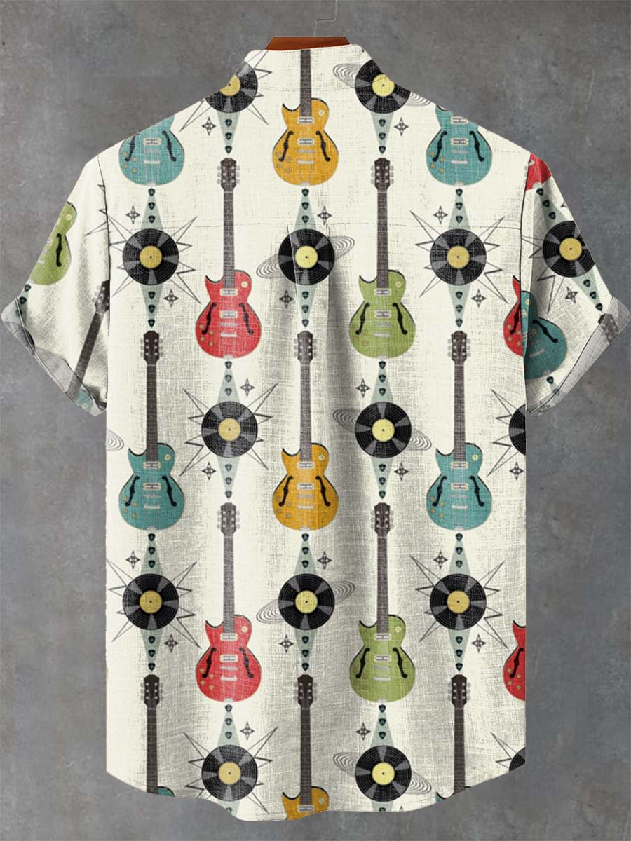 Retro Guitar Music Art Print Casual 100% Cotton Shirt