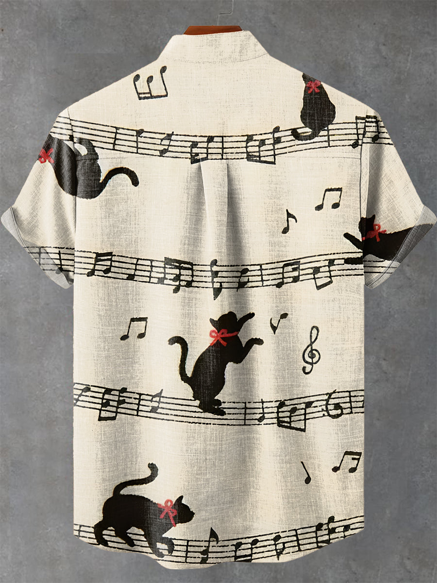 Vintage Musical notes Sheet music Black cat Print Casual 100% Cotton Shirt
