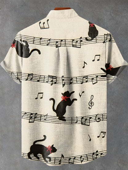 Vintage Musical notes Sheet music Black cat Print Casual 100% Cotton Shirt