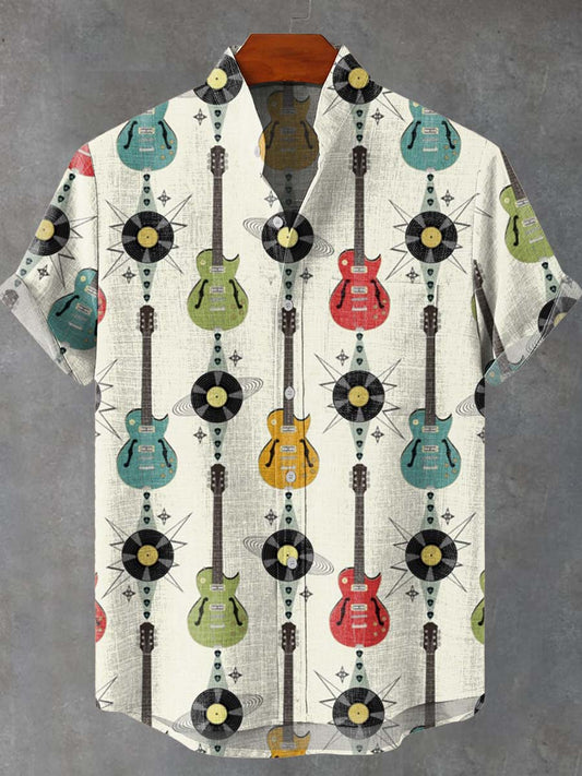 Retro Guitar Music Art Print Casual 100% Cotton Shirt