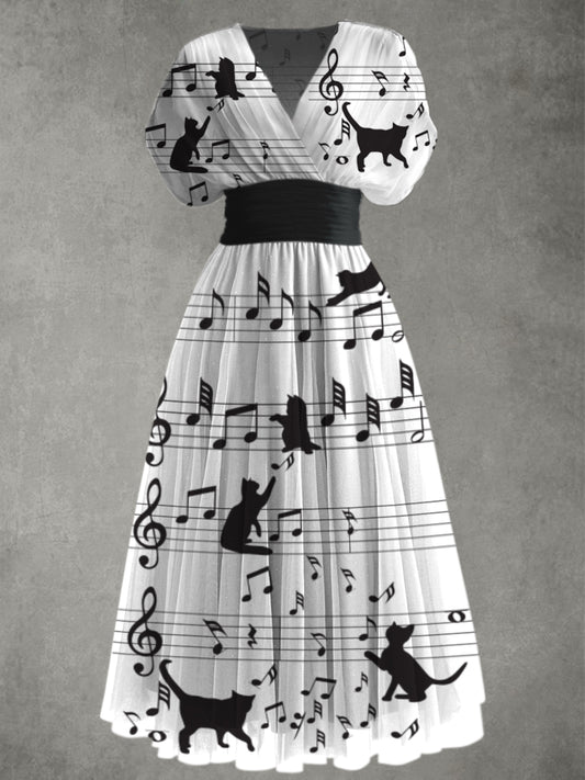 Retro Boho Floral Art Printed Elegant V-Neck Chic Chiffon Short Sleeve Maxi Dress