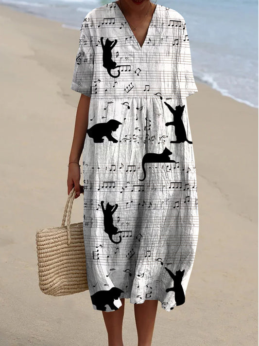 Retro Boho Floral Art Printed V-Neck Elegant Chic Loose Short Sleeve Midi Dress