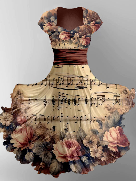 Retro Note Floral Art Printed Vintage V-Neck Pleated Waist Short Sleeve Midi Dress