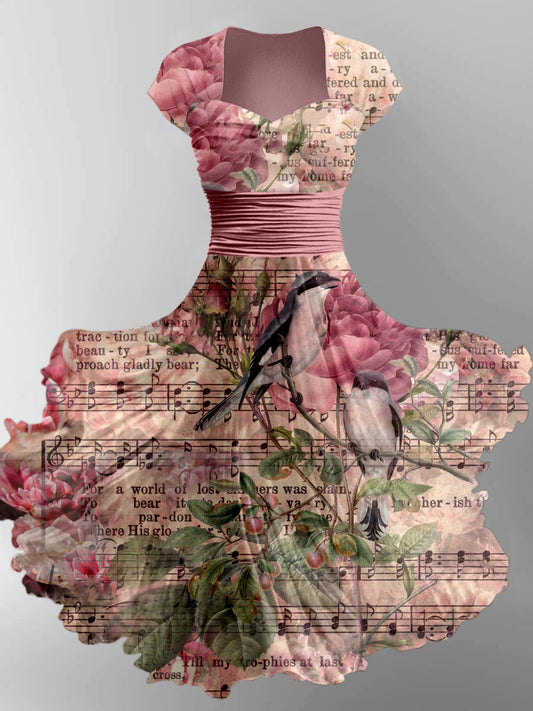 Retro Note Floral Art Printed Vintage V-Neck Pleated Waist Short Sleeve Midi Dress