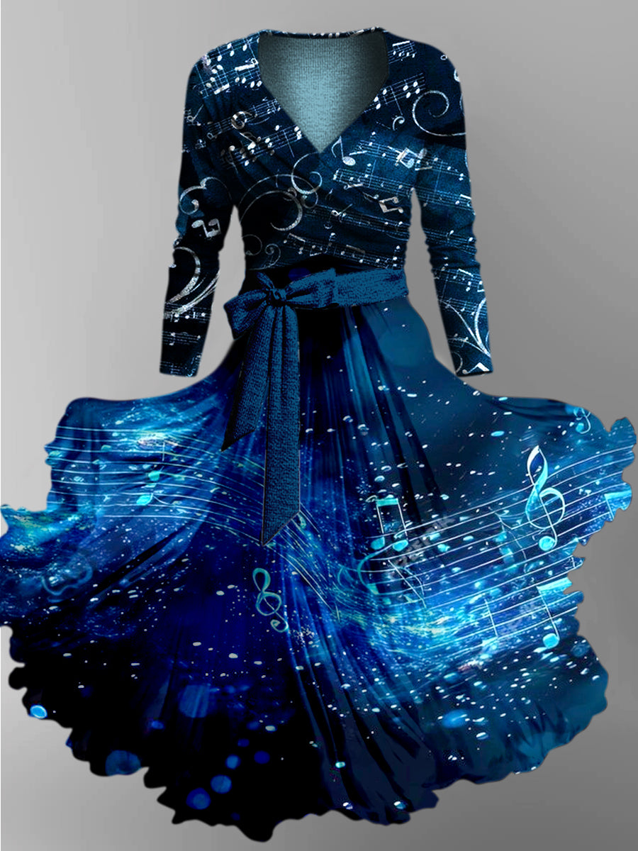 Fantasia Note Art Print Vintage Chic V-Neck Button Up Long Sleeve Midi Dress