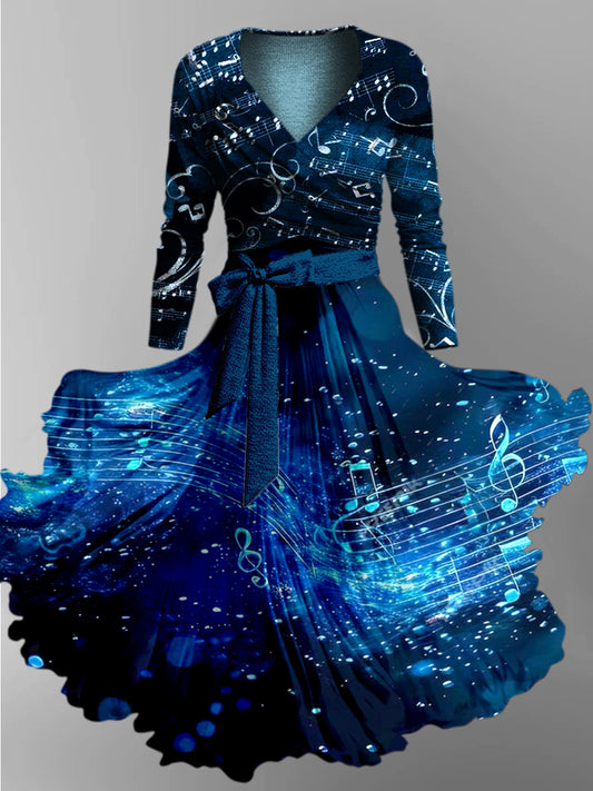 Fantasia Note Art Print Vintage Chic V-Neck Button Up Long Sleeve Midi Dress