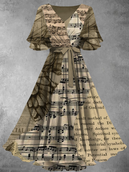 Retro Piano Note Fantasia Art Printed V-Neck Vintage Chic Strap Short Sleeve Midi Dress