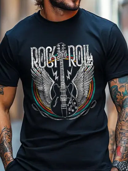 Rock'n'roll Music Lovers Printed Vintage Round Neck Athletic Short Sleeves T-Shirt