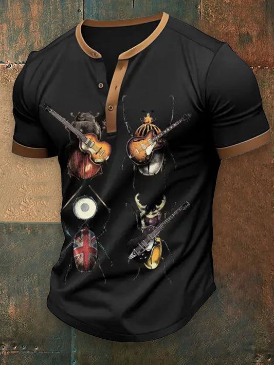 Beetle Guitar Music Lovers Printed Vintage Henry Button V-Neck Athletic Short Sleeves T-Shirt