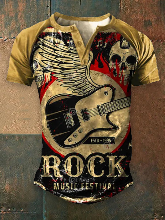 Skull Rock Music Lovers Printed Vintage Henry Button V-Neck Athletic Short Sleeves T-Shirt