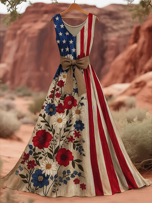 Retro American Flag Applique Floral Art Print V-Neck Sleeveless Cotton Maxi Dress