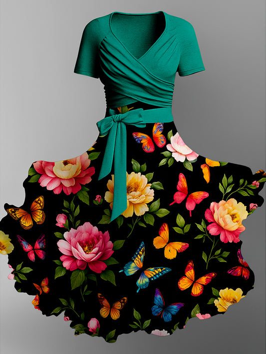 Retro Floral Art Printed Vintage Cross Fold Short Sleeve Two-Piece Midi Dress