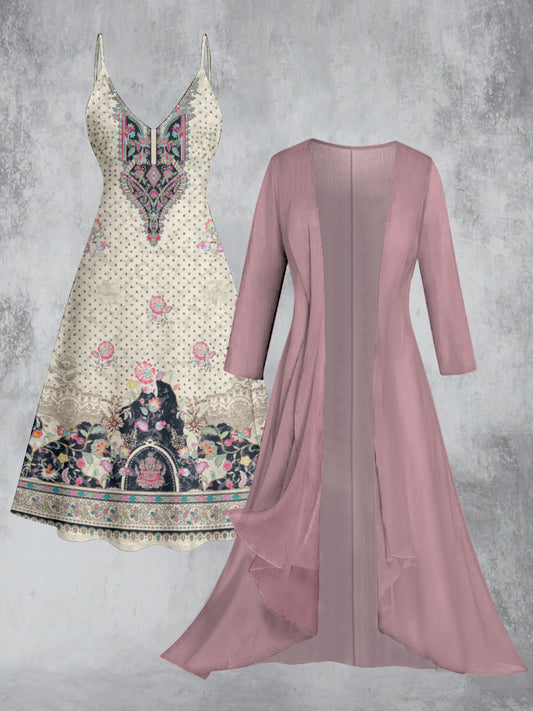 Retro Floral Art Printed Vintage Camisole Dress Long Sleeve Two-Piece Midi Dress