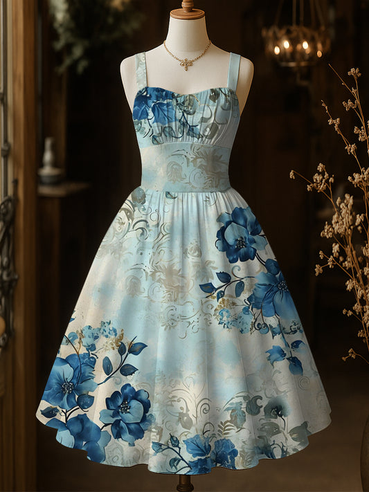 Retro Floral Art Printed Vintage Chic Pleated Waist Slip Midi Dress