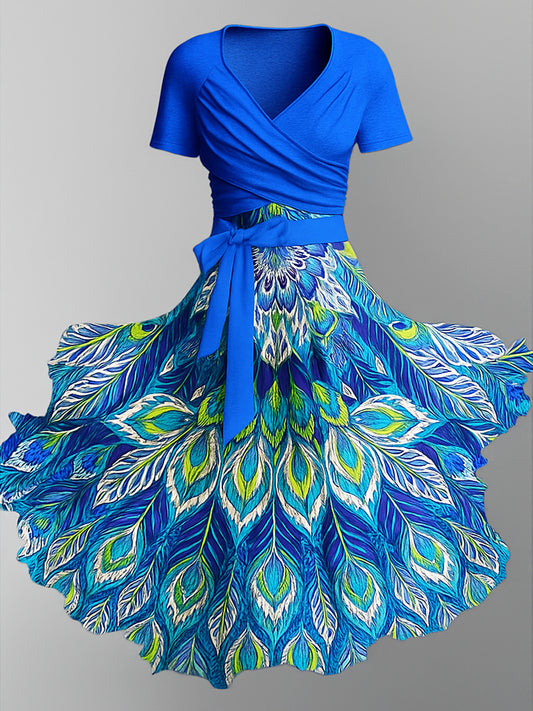 Retro Peacock Art Printed Vintage Cross Fold Short Sleeve Two-Piece Midi Dress