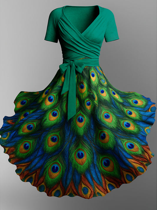 Retro Peacock Art Printed Vintage Cross Fold Short Sleeve Two-Piece Midi Dress