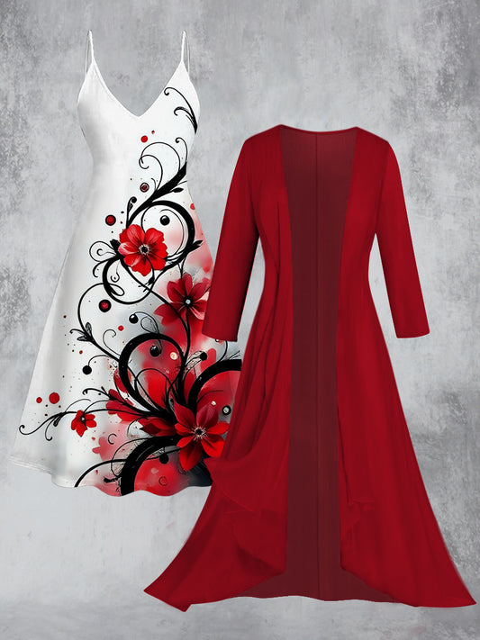 Retro Floral Art Printed Vintage Camisole Dress Long Sleeve Two-Piece Midi Dress