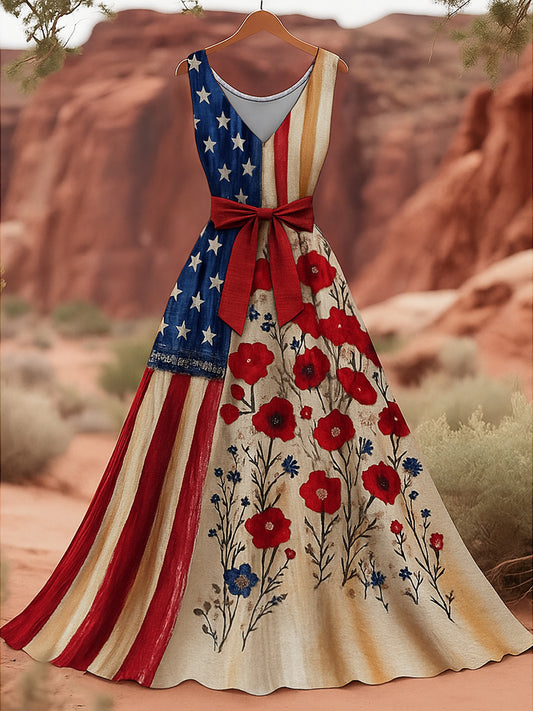 Retro American Flag Applique Floral Art Print V-Neck Sleeveless Cotton Maxi Dress