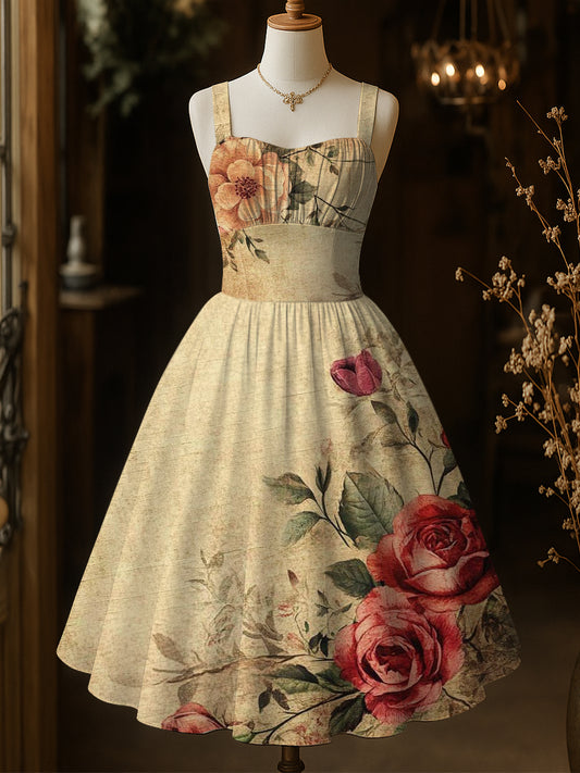 Retro Floral Art Printed Vintage Chic Pleated Waist Slip Midi Dress