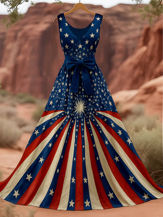 Retro American Flag Applique Floral Art Print V-Neck Sleeveless Cotton Maxi Dress
