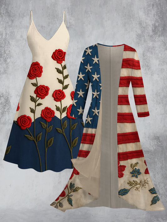 Retro American Flag Floral Art Printed Vintage Camisole Dress Long Sleeve Two-Piece Midi Dress