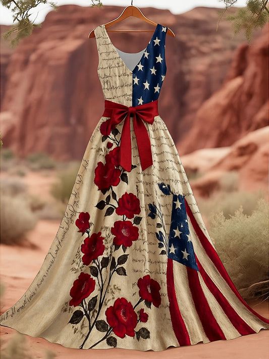 Retro American Flag Applique Floral Art Print V-Neck Sleeveless Cotton Maxi Dress